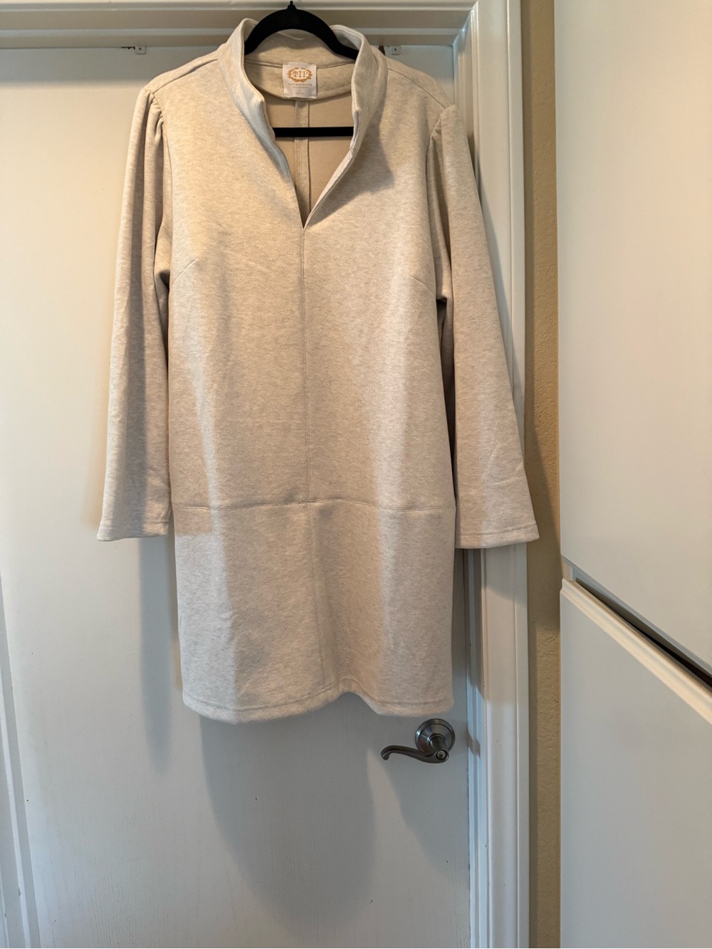 Cream V-Neck Long Sleeve Tunic dress with stand collar